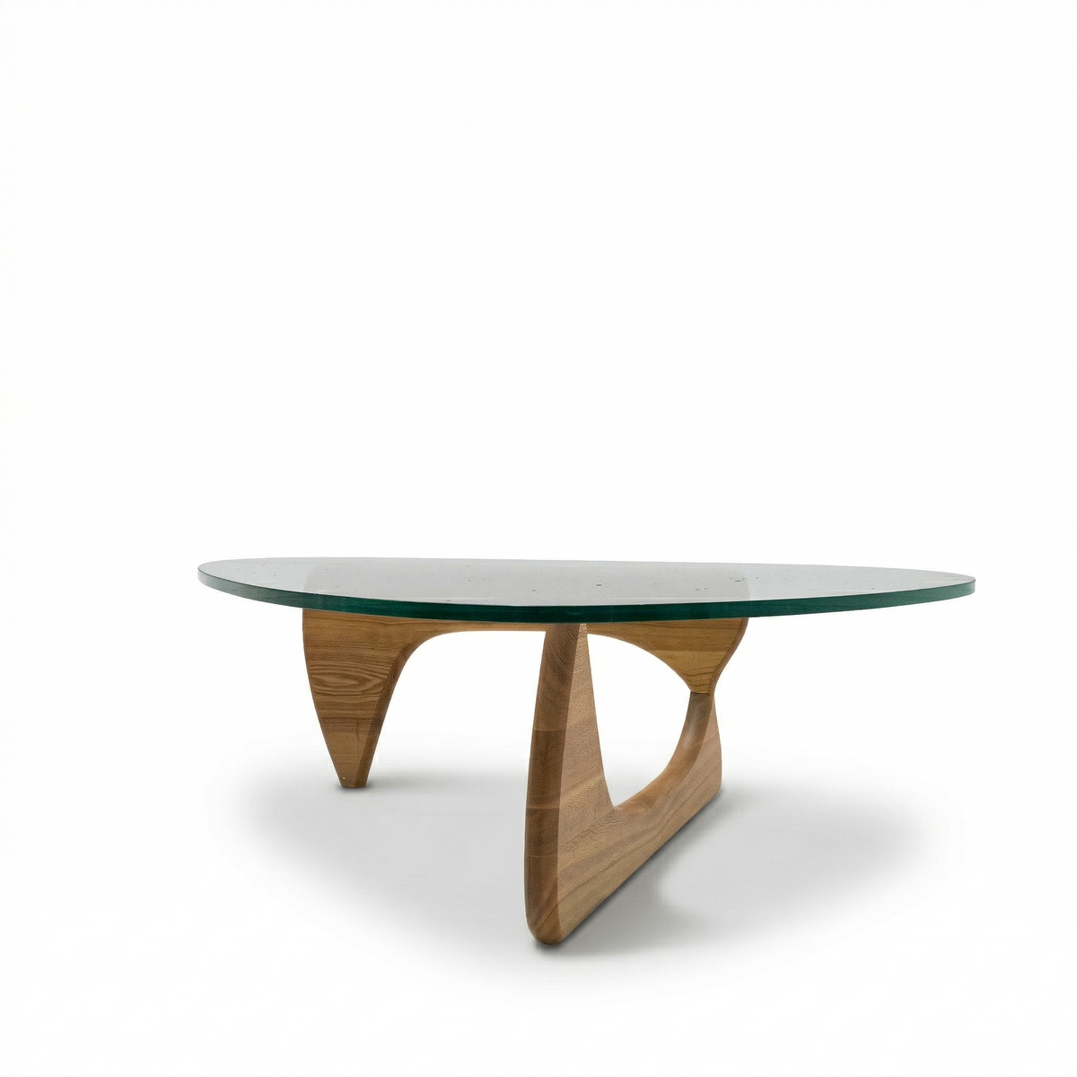 Light walnut Noguchi solid wood coffee table with glass top, modern design by BEACON, featuring clean lines and a smooth surface.