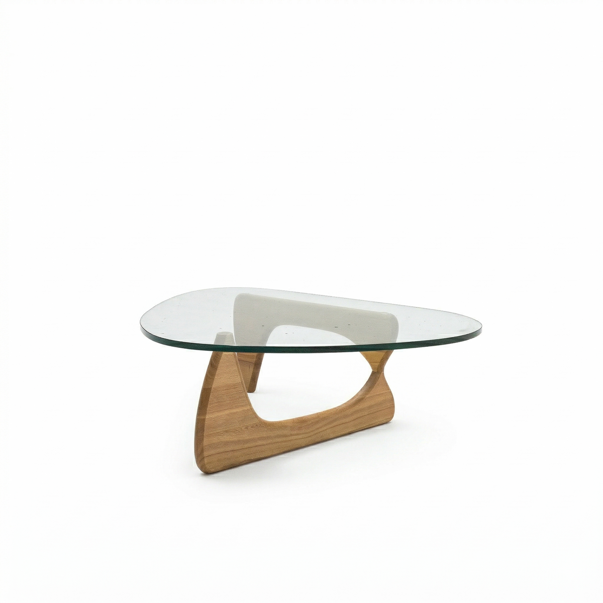 Light walnut Noguchi solid wood coffee table with glass top, modern design by BEACON MO, model BP8083-W.