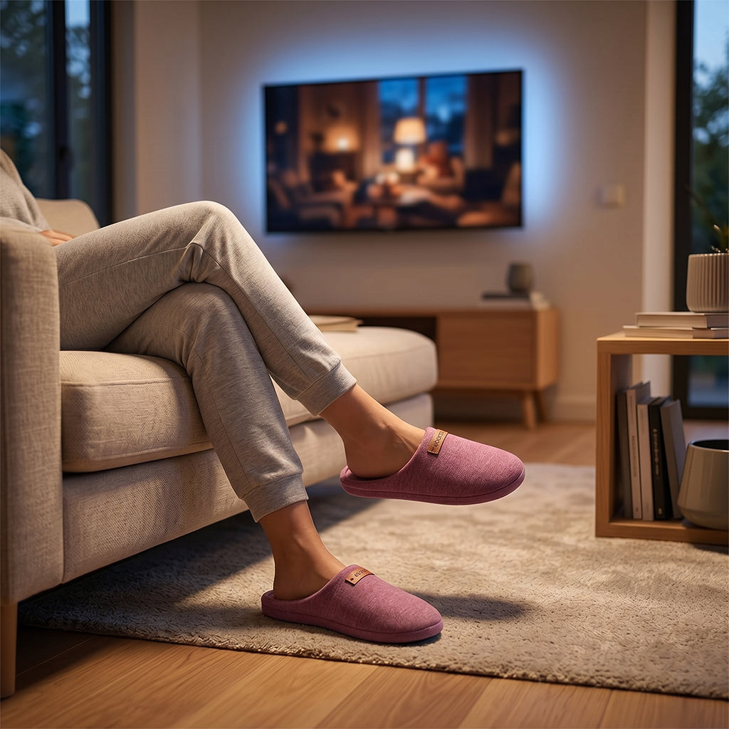 Pink BEACON Ofoot women’s slippers SL004 in rose color, cozy slip-on footwear with soft fabric interior.