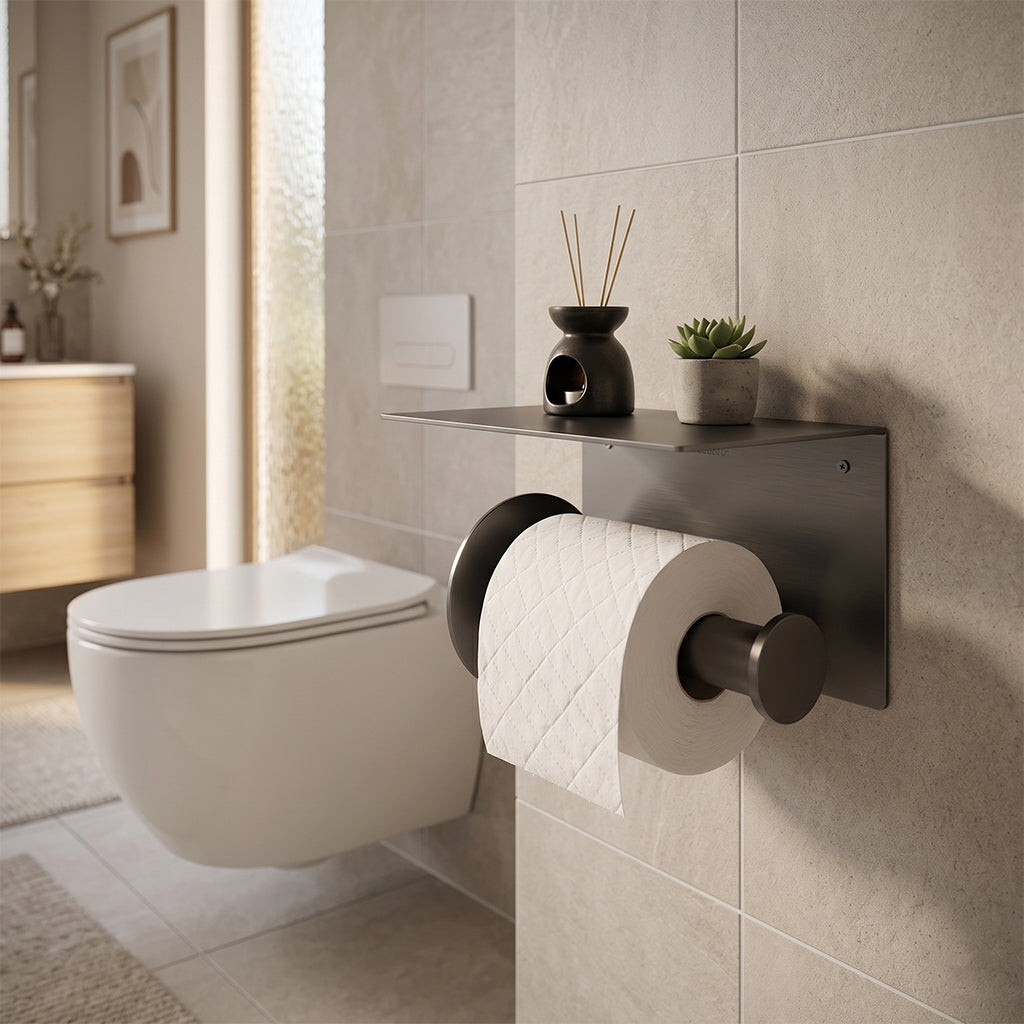 BEACON Mono toilet paper holder with back and top panel, wall-mounted towel hanger hook, durable metal design