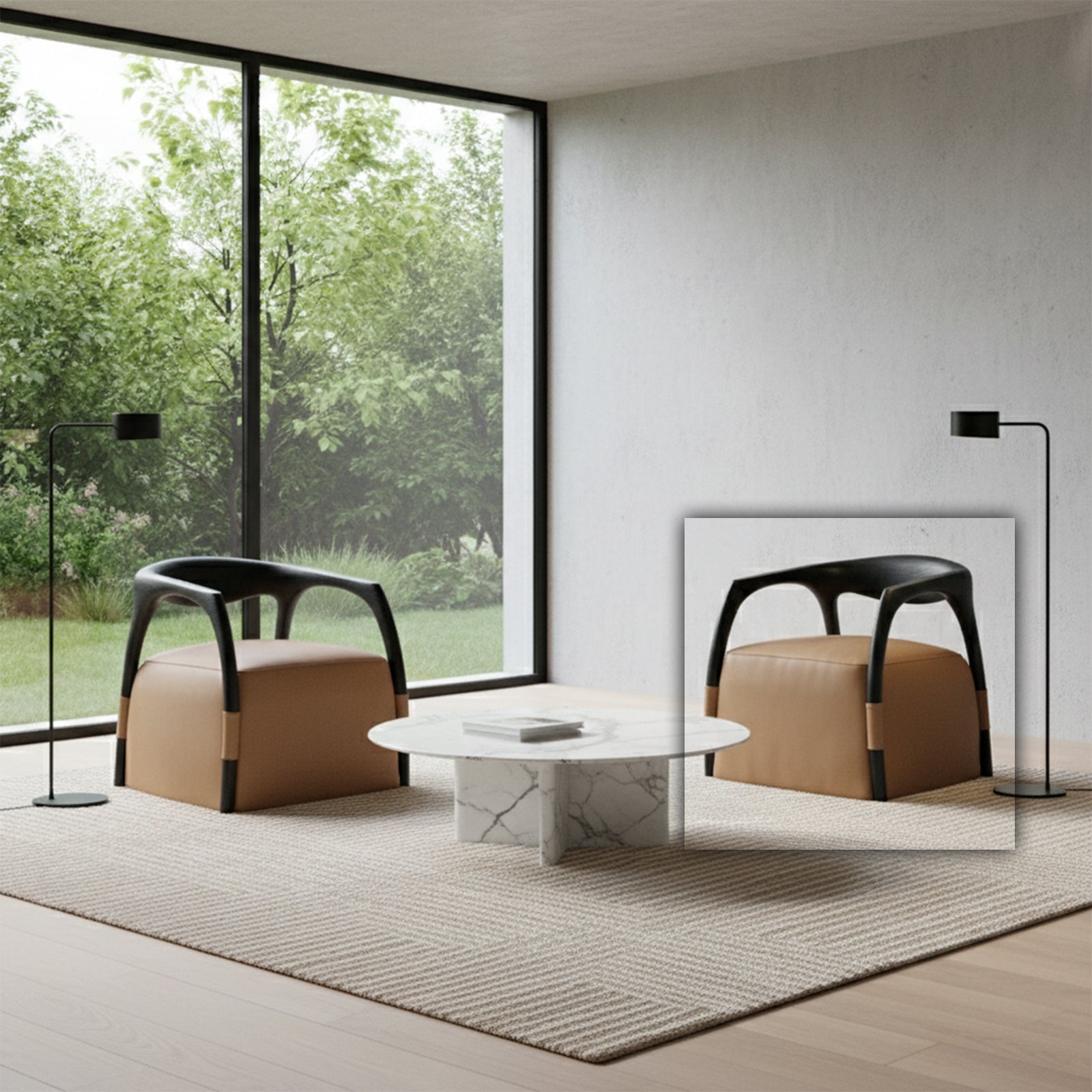 BEACON Dune armchair PS-A221 with plush fabric upholstery and modern design, shown in a cozy living room setting.