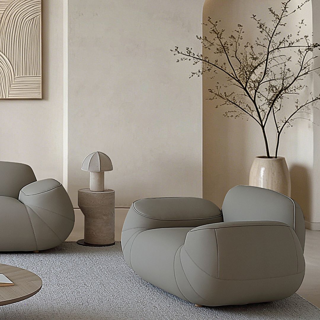 BEACON Rotunda armchair AMCJ-S6102 in soft fabric with rounded design and wooden legs, modern and comfortable for living rooms.