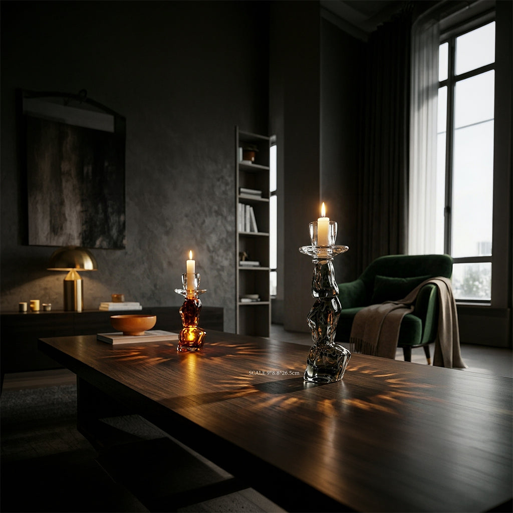 Gray shadow handmade glass candle holder by BEACON, showcasing a smooth, elegant design with a wide open top for candles.