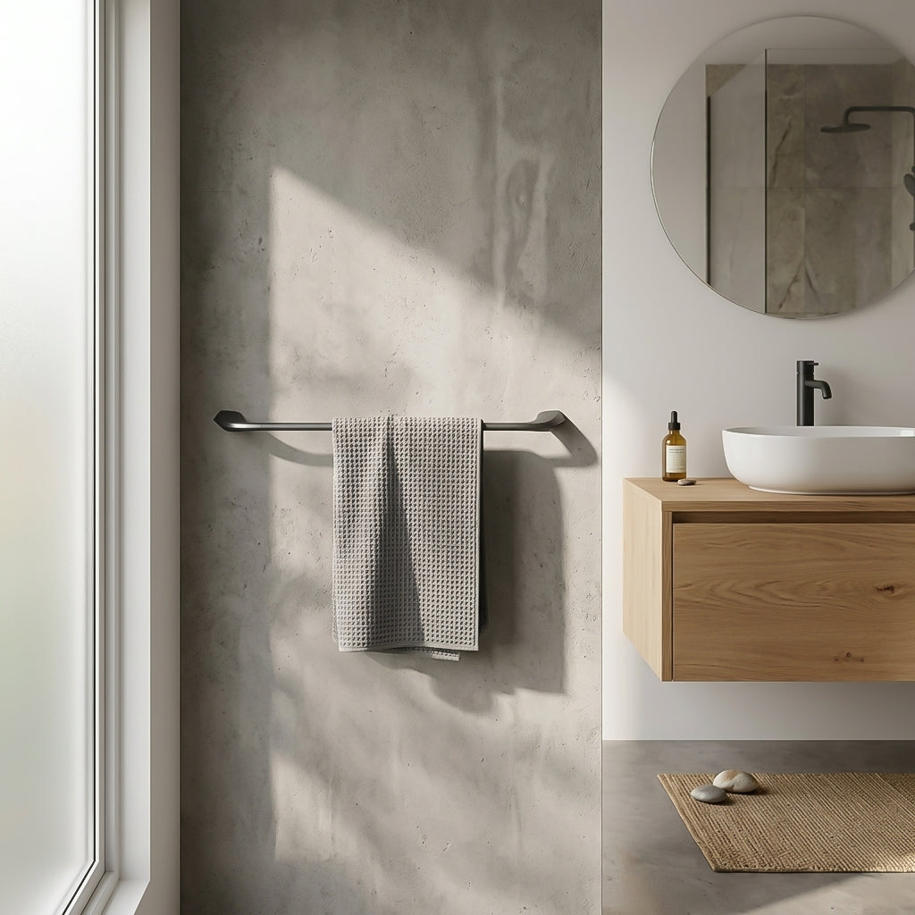 Gunmetal Kinesis single towel bar by BEACON, sleek metal towel hanger mounted on a wall, ideal for bathroom organization
