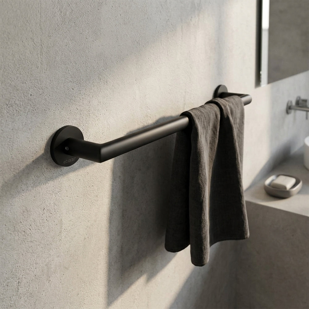 BEACON Calma single towel bar, sleek towel hanger hook in polished metal finish attached to bathroom wall.