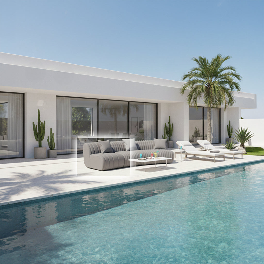 BEACON outdoor sofa center model LT-E-01BR with plush cushions and sturdy frame, designed for stylish outdoor lounging.