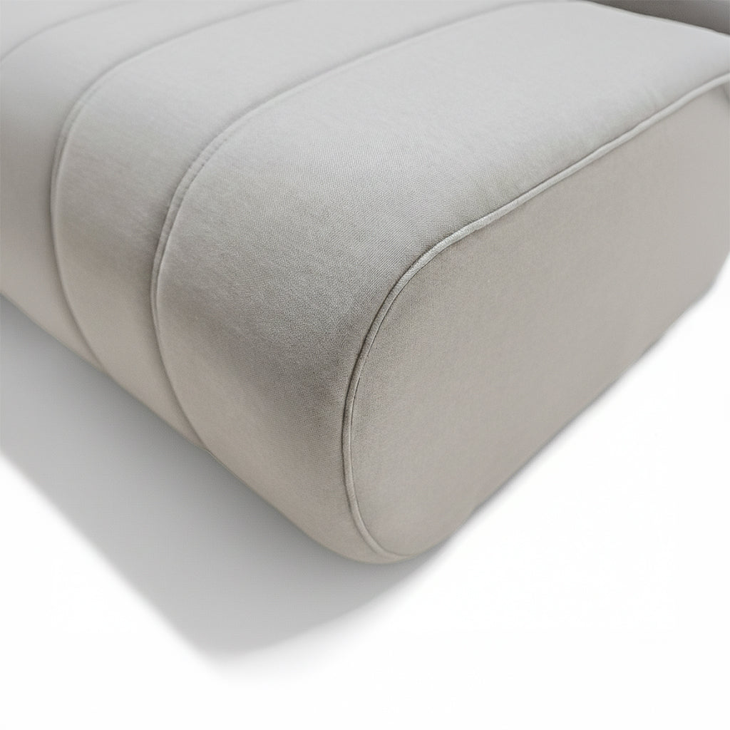 BEACON outdoor sofa center model LT-E-01BR with beige cushions and wooden frame, suitable for outdoor patio seating.