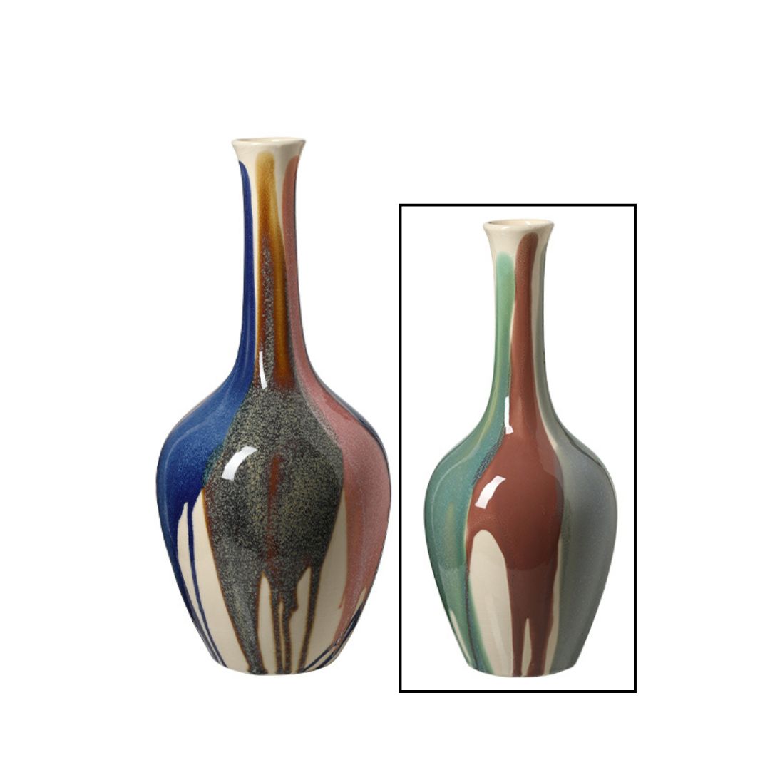 Splashed glaze slender ceramic vase by BEACON, featuring a sleek shape with colorful splash patterns, perfect for modern decor.