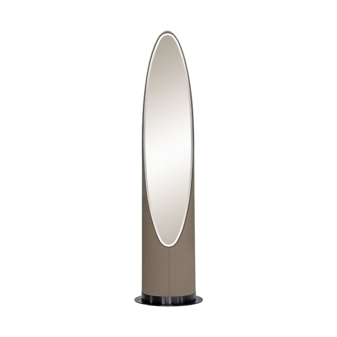 Stainless steel floor mirror from BEACON with a sleek, modern frame, reflecting a contemporary interior decor scene.