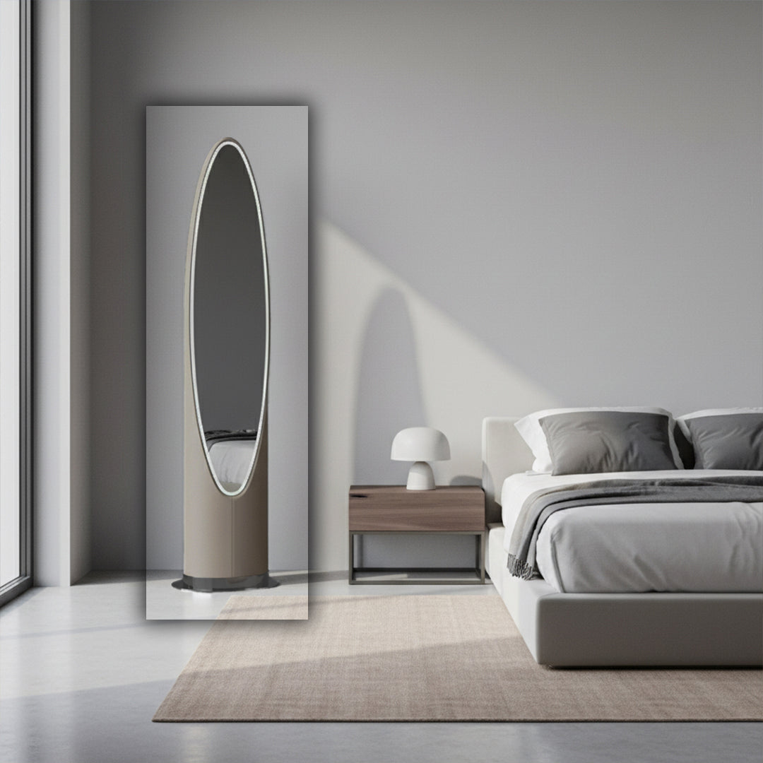 Stainless steel floor mirror with sleek frame and full-length reflective glass, designed by BEACON.