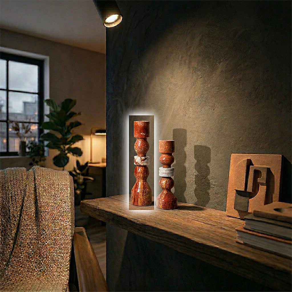 Red marble stone string candlestick holder with a sleek, modern design for candles, by BEACON.