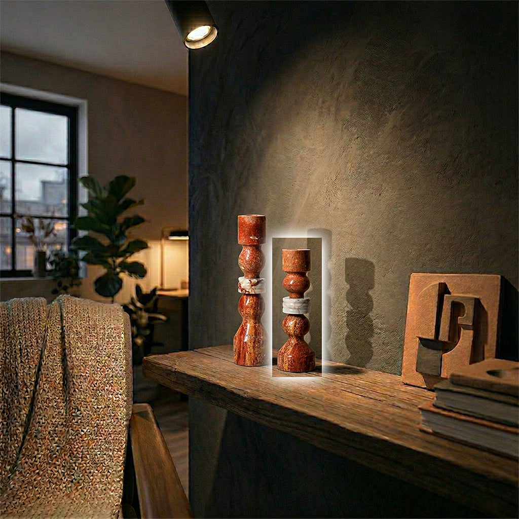 Red marble stone string candlestick holder by BEACON, featuring a sleek, modern design for holding candles.