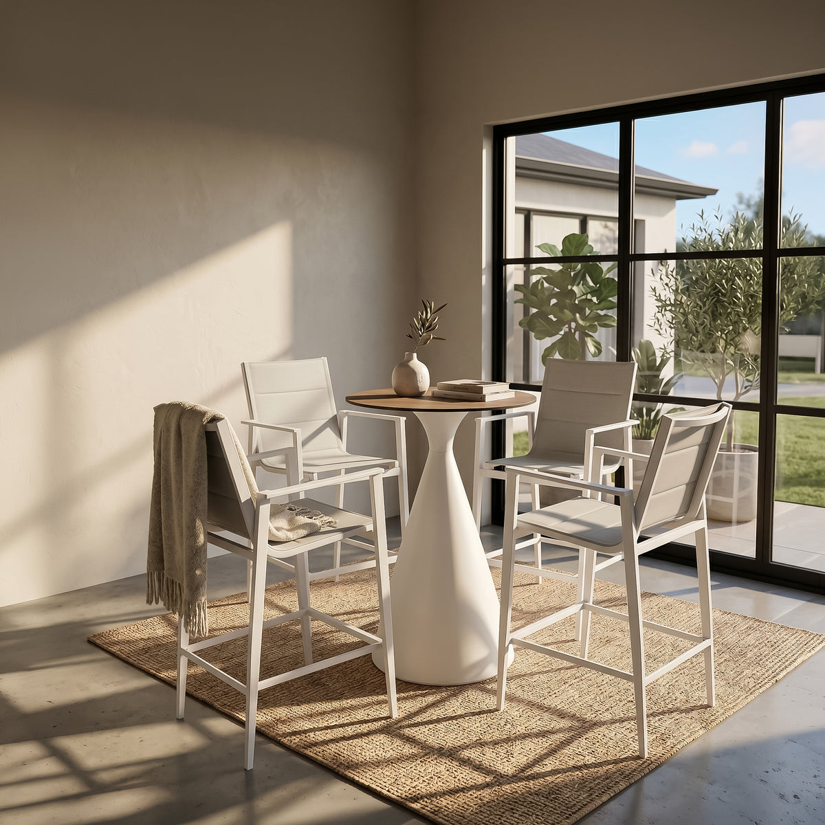 Outdoor aluminum bar table from BEACON Aether collection, stylish and durable for outdoor dining and social gatherings.