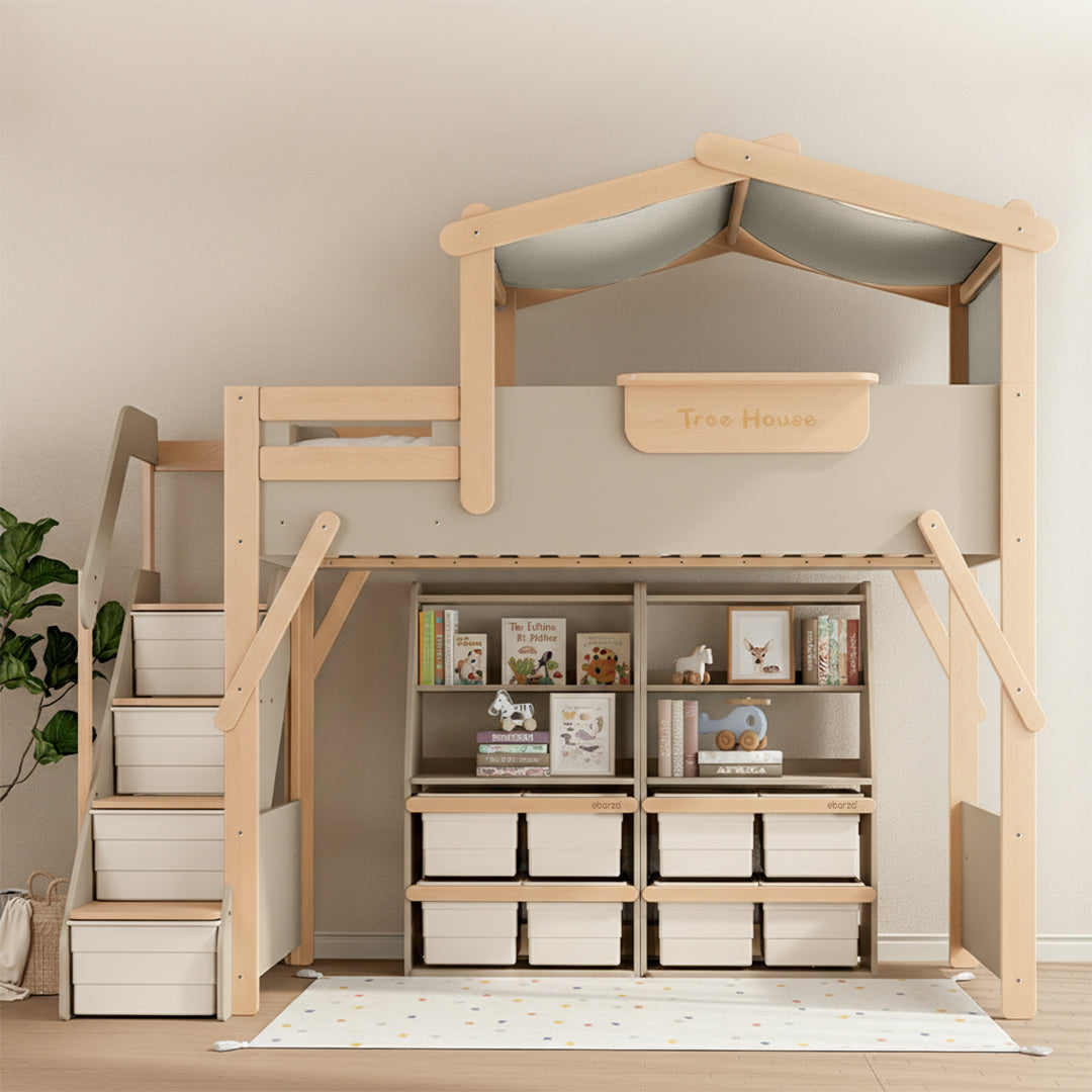 BOORI King Tree House Double Kids Bed with mattress, featuring a sturdy wooden frame and playful treehouse design for children.