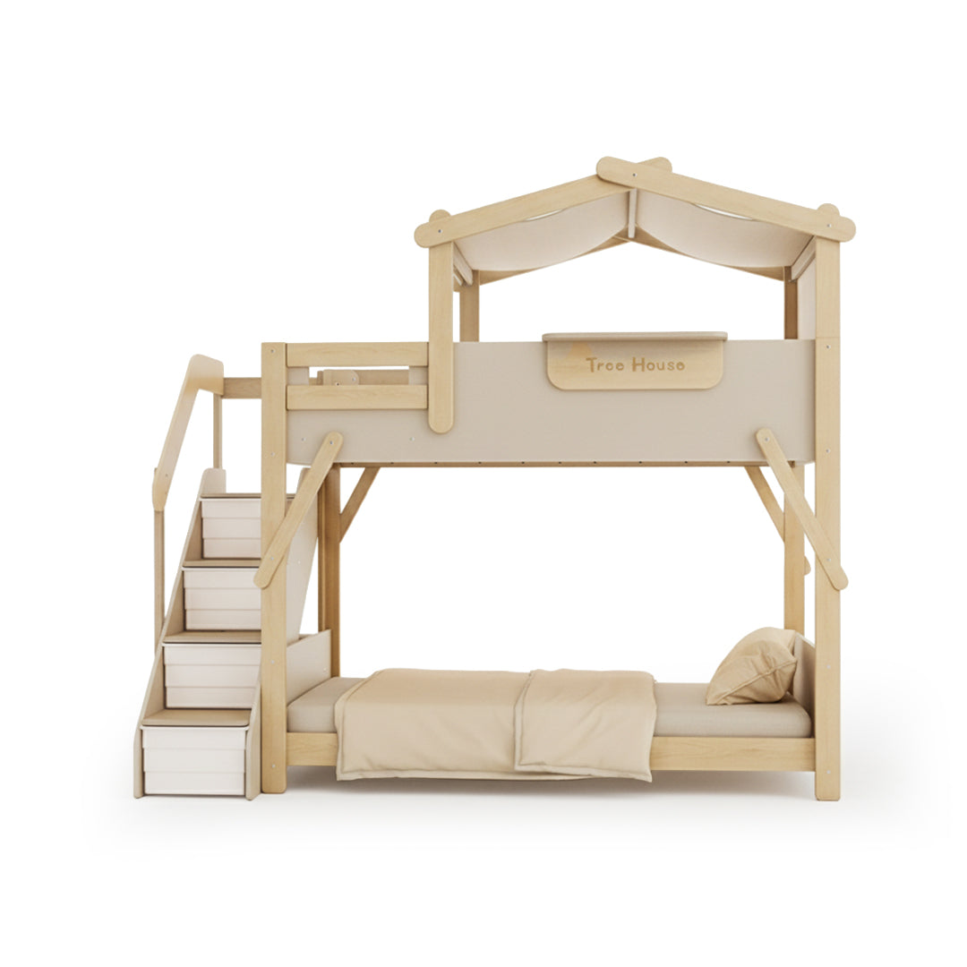 BOORI King Tree House Double Kids Bed with mattress, featuring wooden frame and colorful bedding for children’s bedroom.