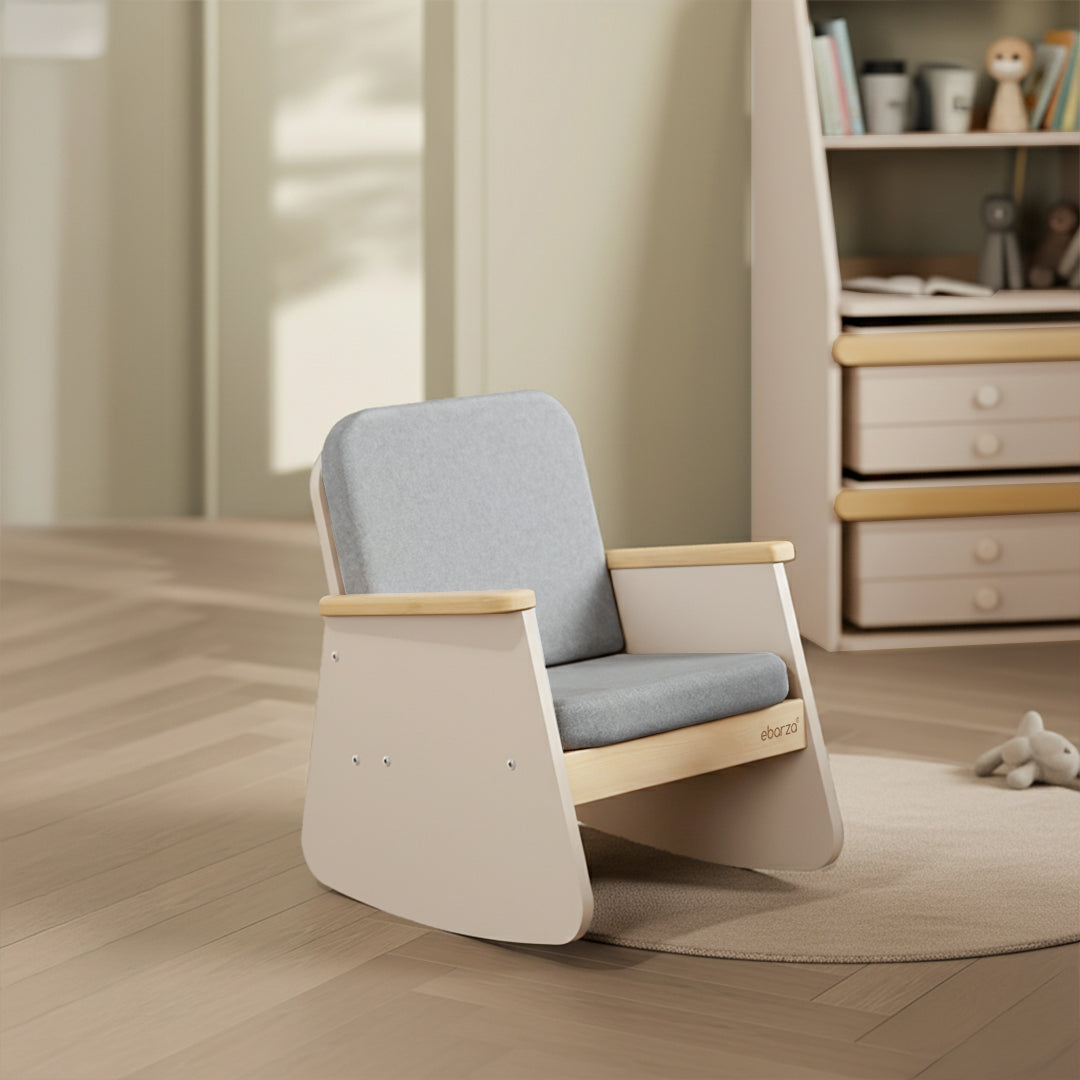 BOORI Tidy Junior rocking chair for kids with wooden frame and padded seat, designed for young children.
