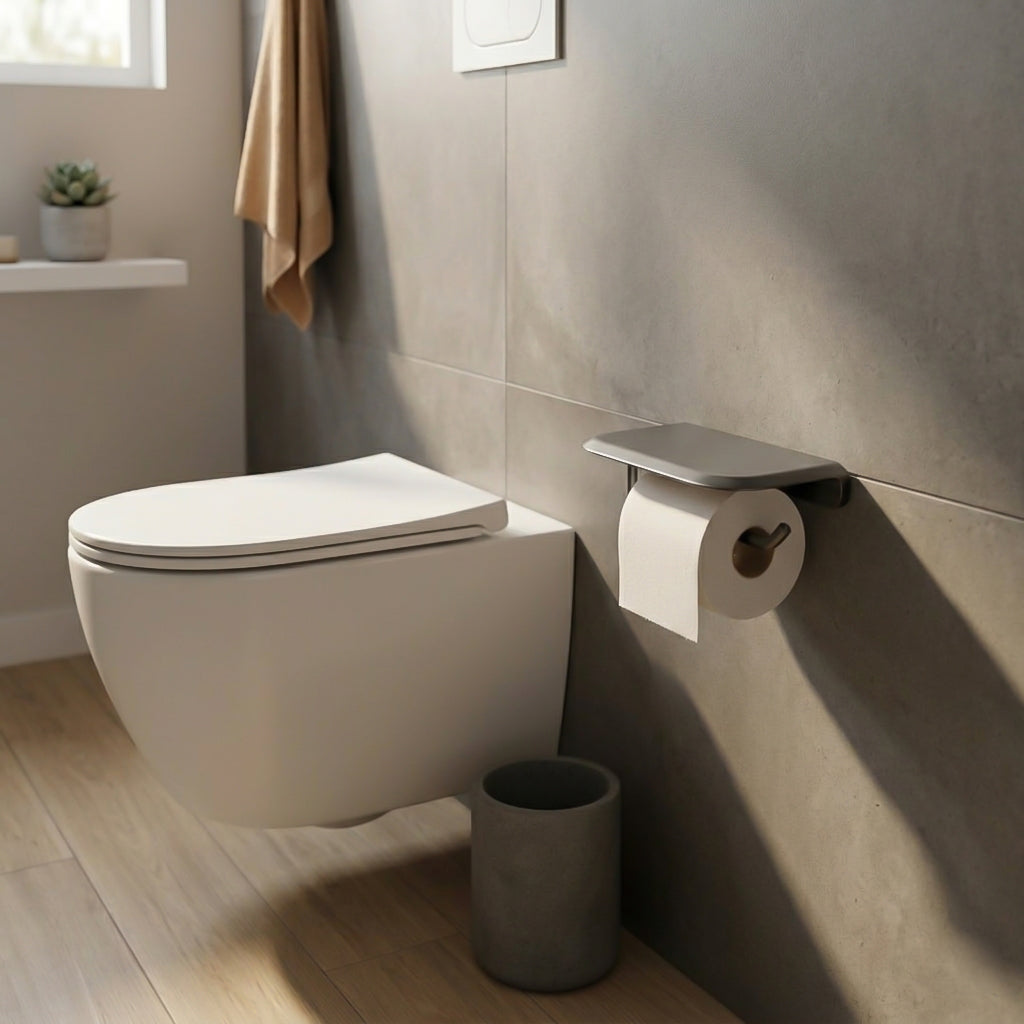 Gunmetal metric tissue holder and towel hanger hook by BEACON, featuring a sleek, modern design for bathroom or kitchen use.