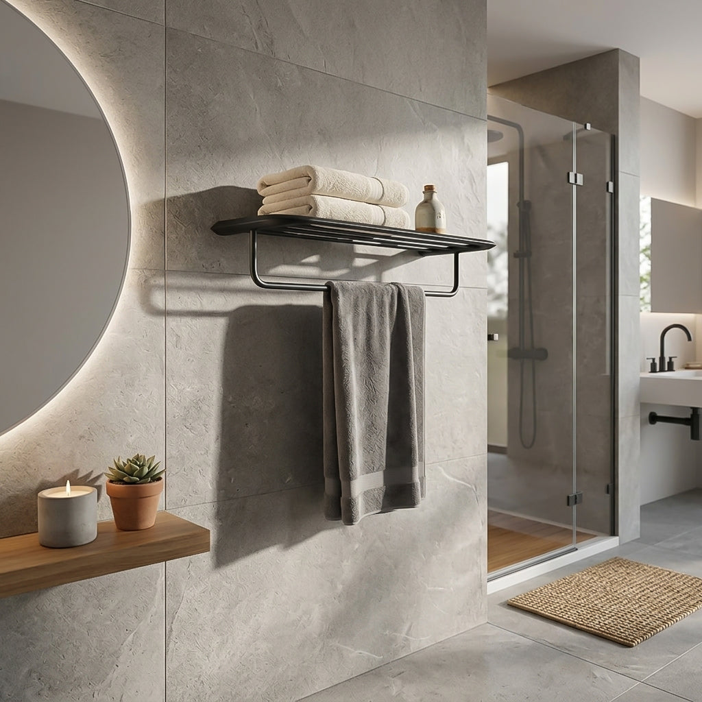 Gunmetal Aero Towel Shelf by BEACON featuring towel hanger hooks, sleek design for bathroom organization.
