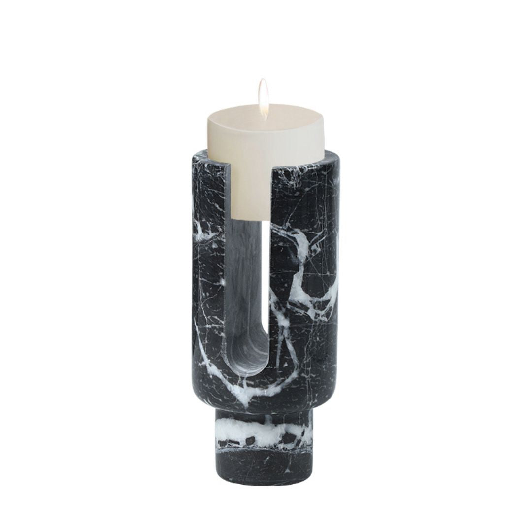 U-shaped black marble stone candlestick holder with a sleek design, ideal for decorative candle display.