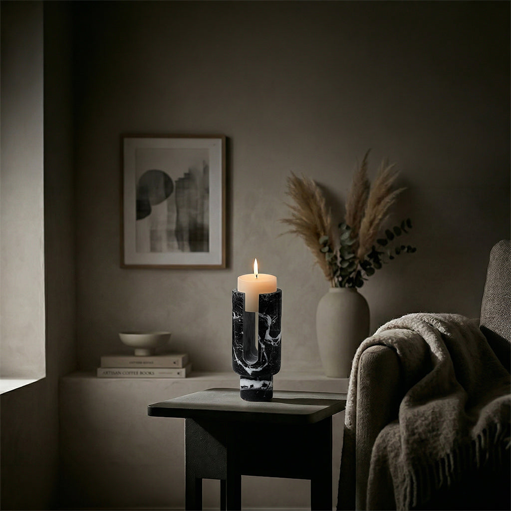 Black marble U-shaped candlestick holder with sleek design by BEACON, perfect for elegant candle displays.