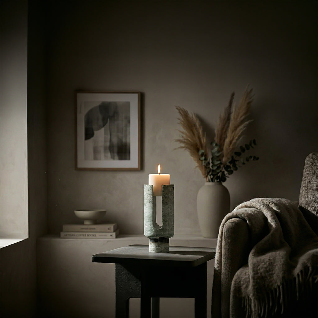 U-shaped green marble candlestick holder by BEACON, featuring a polished stone design for elegant home decor.