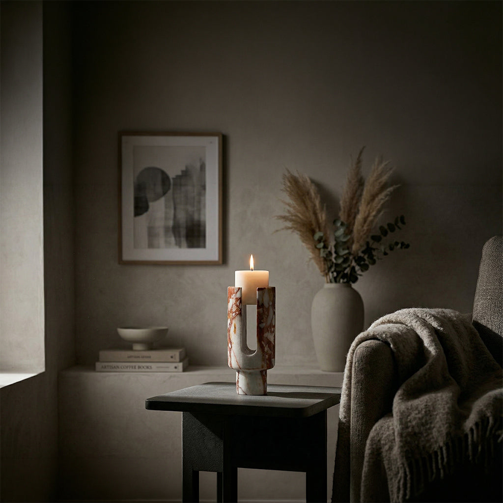 Red marble U-shaped candle holder with a smooth finish, designed for pillar candles, by BEACON.