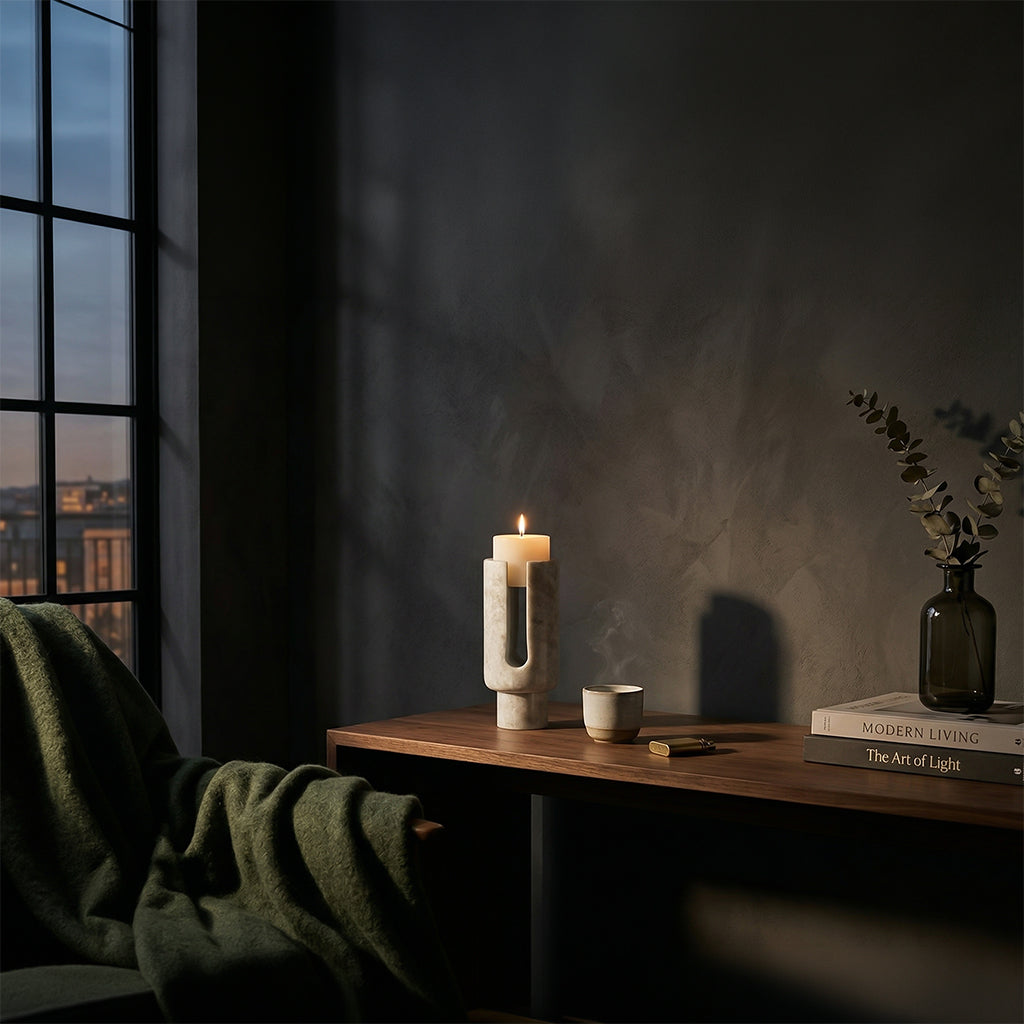 White marble U-shaped stone candlestick holder by BEACON, elegant candle holder with a smooth, polished finish.