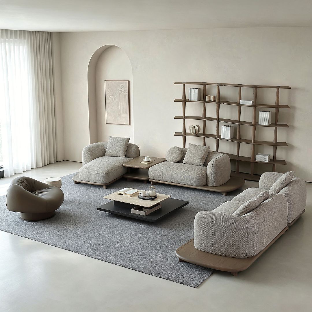 BEACON Umbra sofa with sleek cushions and modern design, featuring neutral fabric upholstery and stylish armrests.