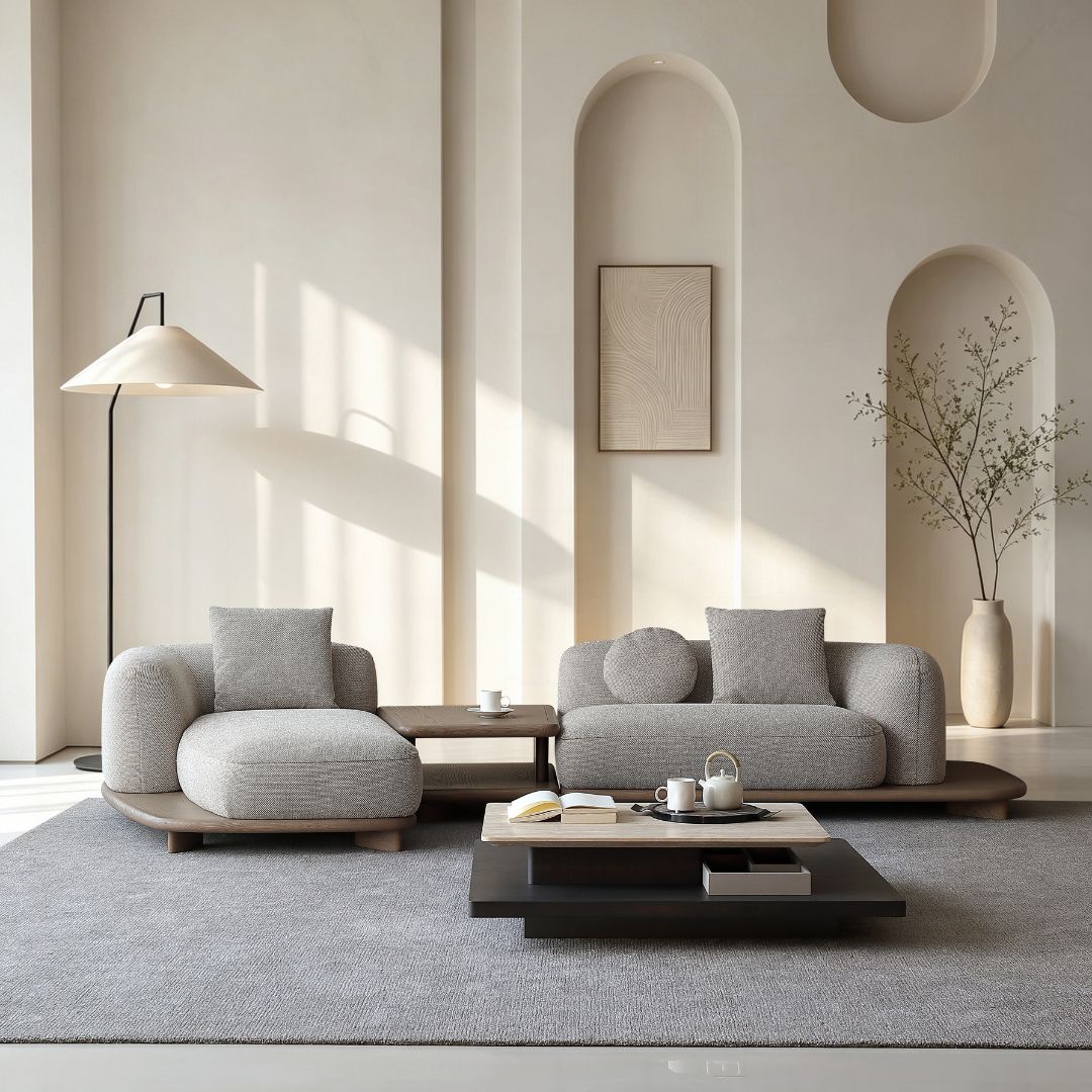 BEACON Umbra sofa with matching side table, modern design, featuring sleek upholstery and a convenient side table for living room use