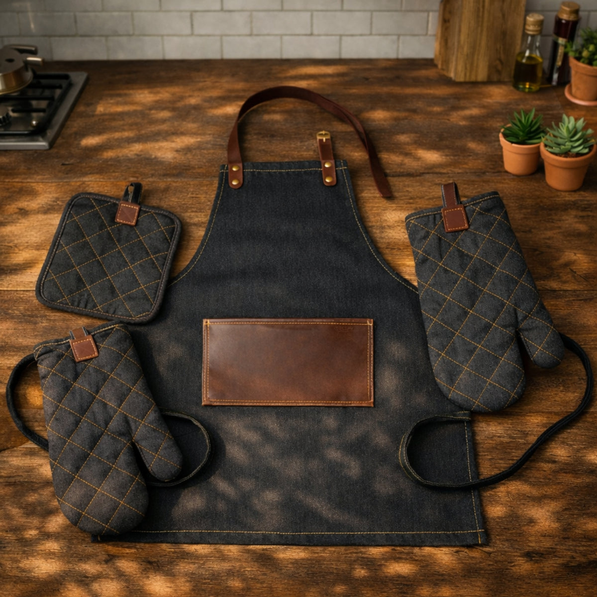 Black flare kitchen set by BEACON includes cookware and utensils arranged on a modern kitchen countertop.