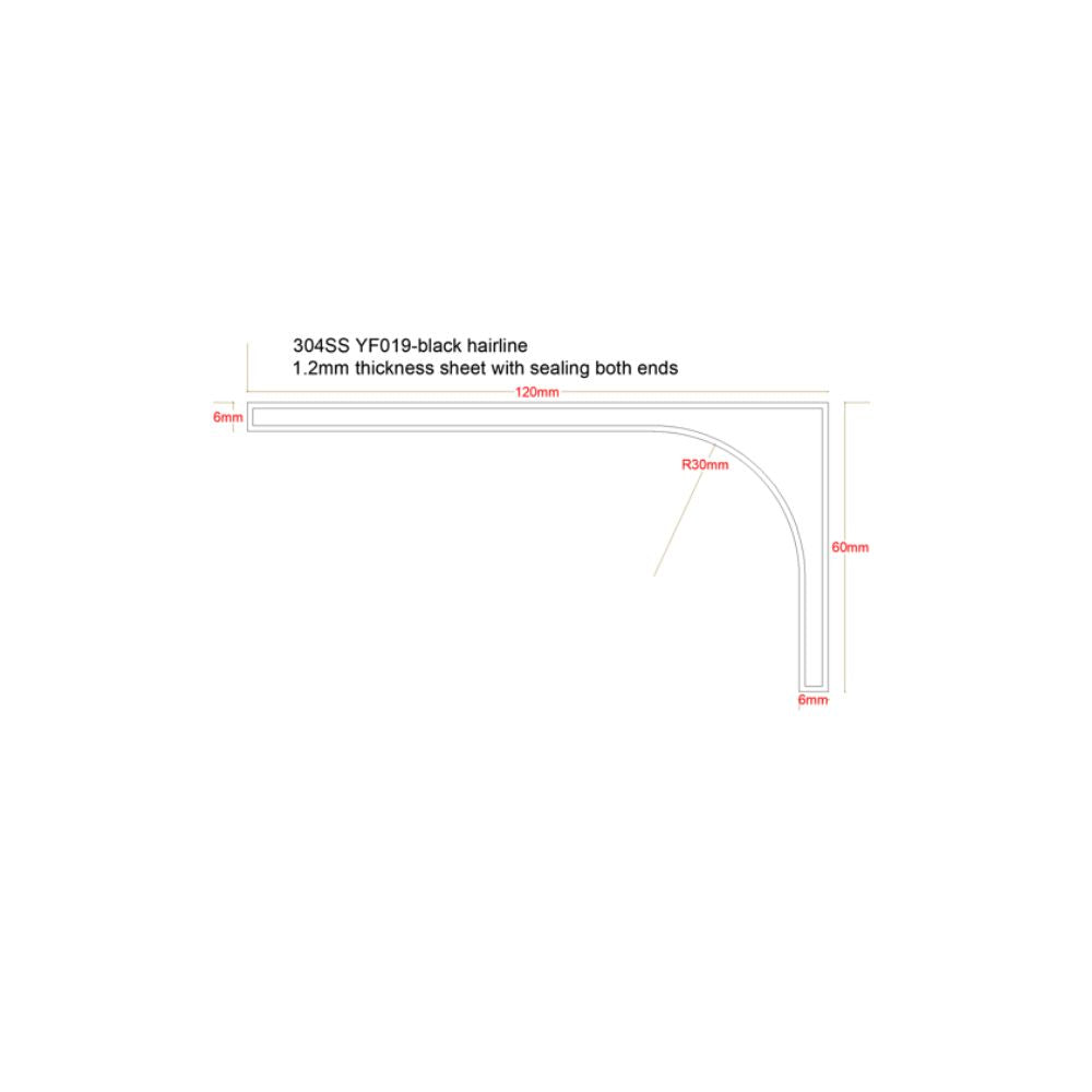 Stainless steel shelf support profile, 12x6cm, 120cm length, black hairline finish, for wall panels and shelving.