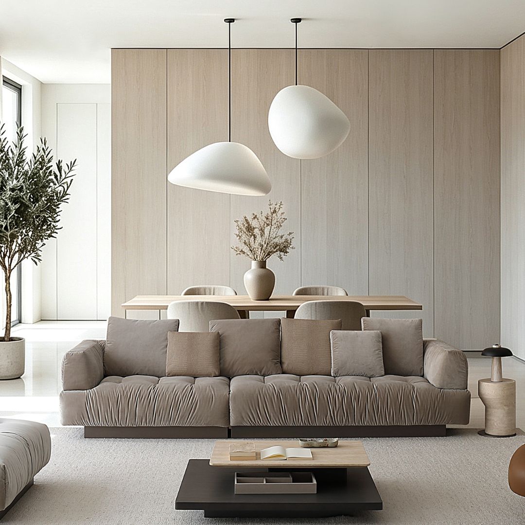 BEACON Volute sofa with matching ottoman, featuring plush cushions and modern design in a stylish living room scene