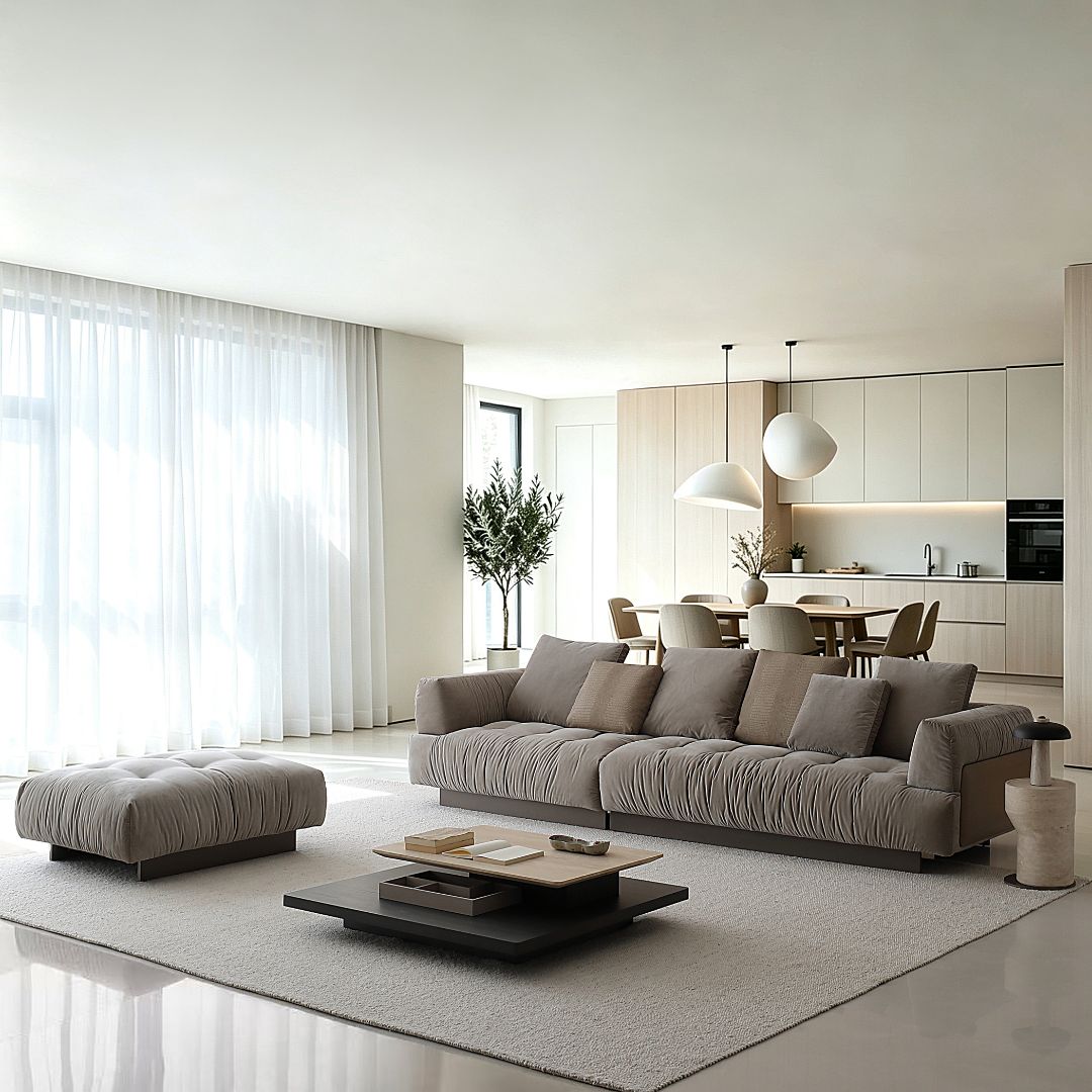 A modern living room featuring a large taupe-gray pleated fabric sofa with an ottoman, set on a light beige rug in a bright, contemporary open-plan apartment.