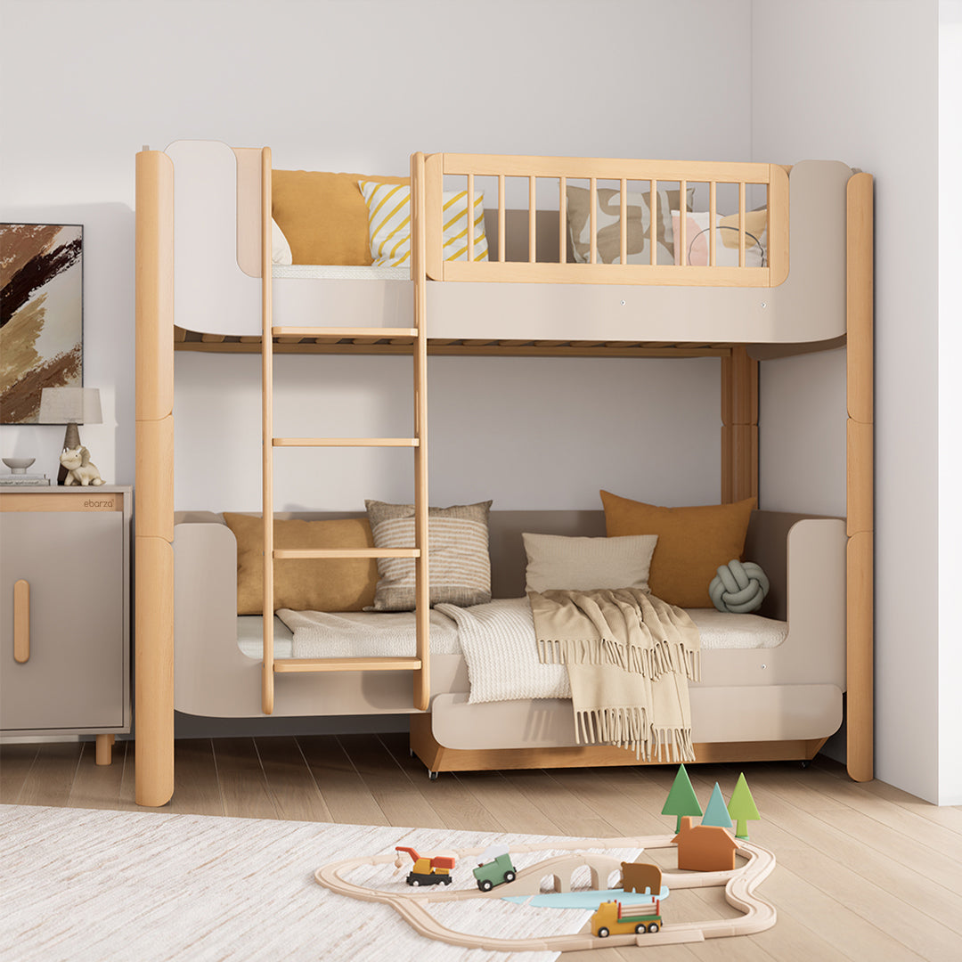 Yarra King single bunk double bed by BOORI, kids bed with sturdy frame and modern design, shown in a cozy bedroom setting.