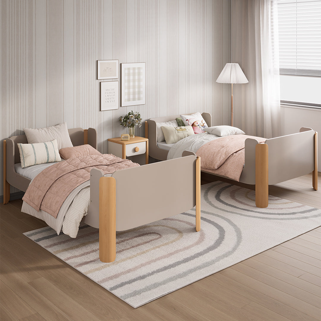 BOORI Yarra King Single Bunk Double Bed in timber with a kids' bedroom setup, featuring a sturdy frame and natural finish.