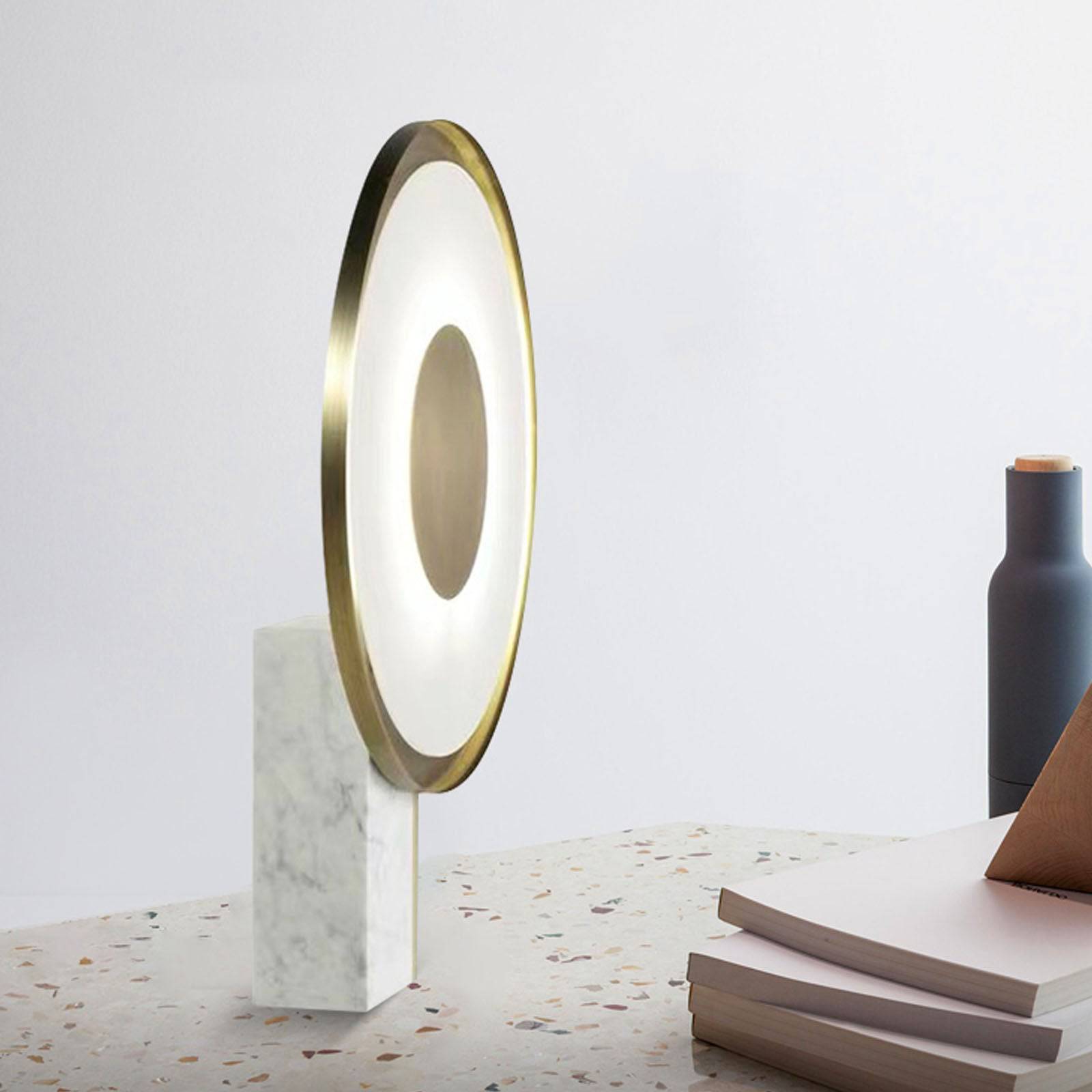 BEACON Aalborg Marble Table Lamp on desk with elegant marble base and modern design, perfect for stylish home or office lighting.