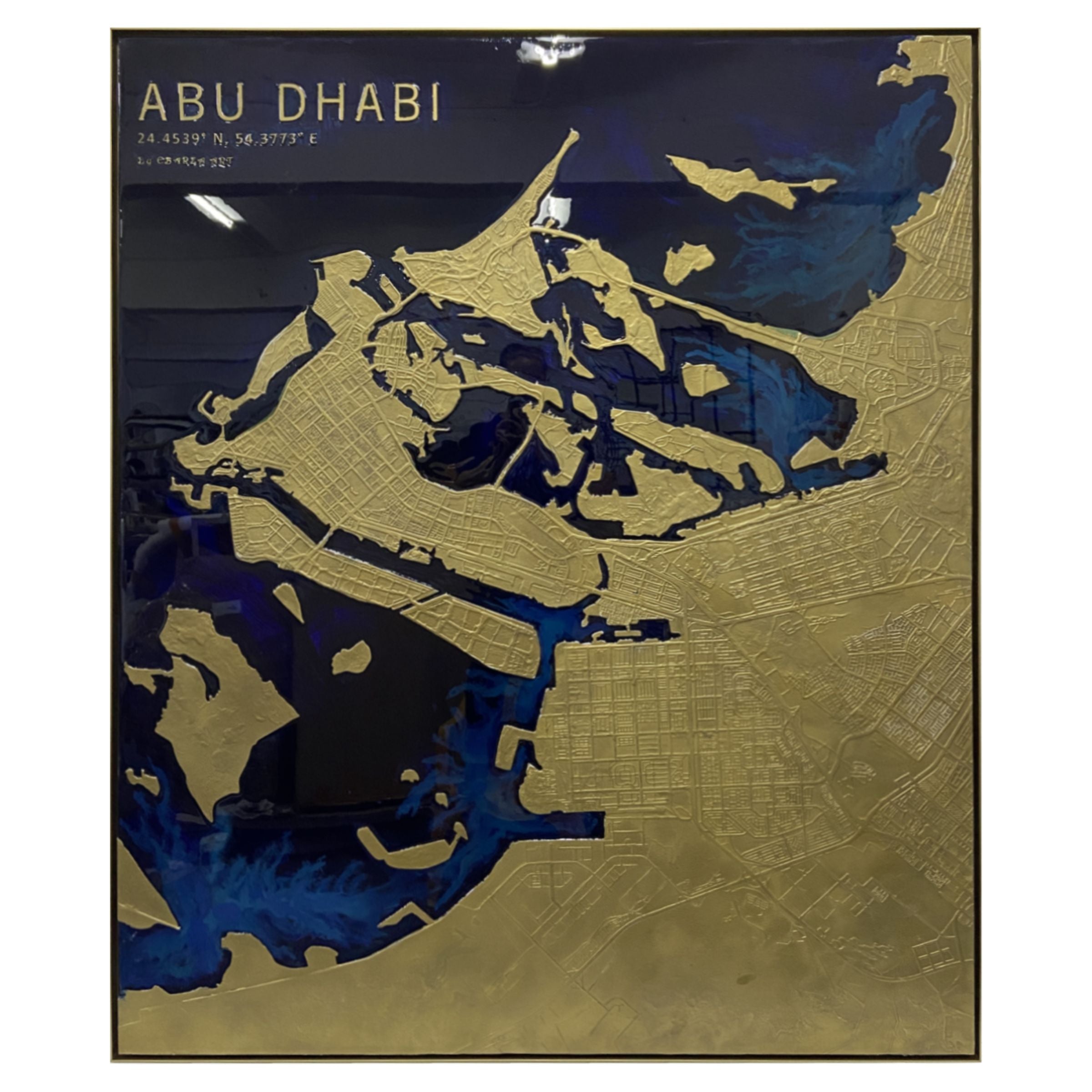 Handmade Abu Dhabi map painting by BEACON, 140x170 cm, detailed artwork showcasing city landmarks and vibrant colors.