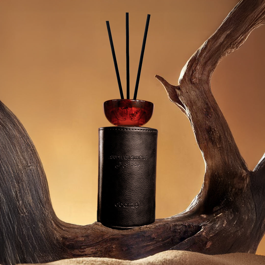 Black 200ml Abudhabi Sunrise fancy stick diffuser bottle with leather cover from M&SENSE, designed for elegant home fragrance.