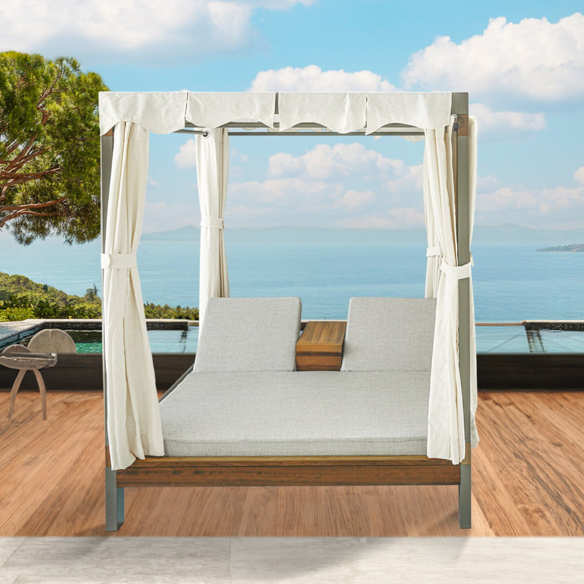 Alchera Gazebo ALBG-RAL7006 with sunloungers, designed for outdoor relaxation, featuring a sturdy metal frame and adjustable loungers.