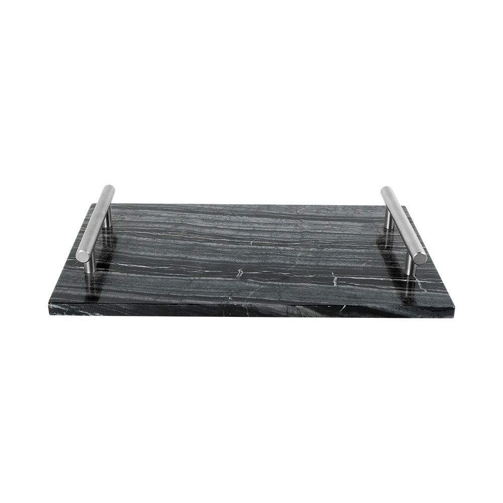 Ancient wood grain marble tray with brushed silver handle, decorative silver tray for serving or display by BEACON.
