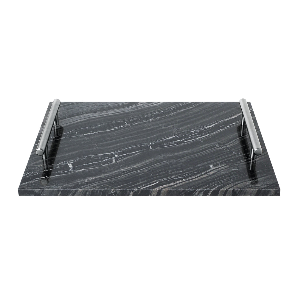 Ancient wood grain marble tray with brushed silver handles, featuring a sleek silver finish and sturdy handles for serving or decor.