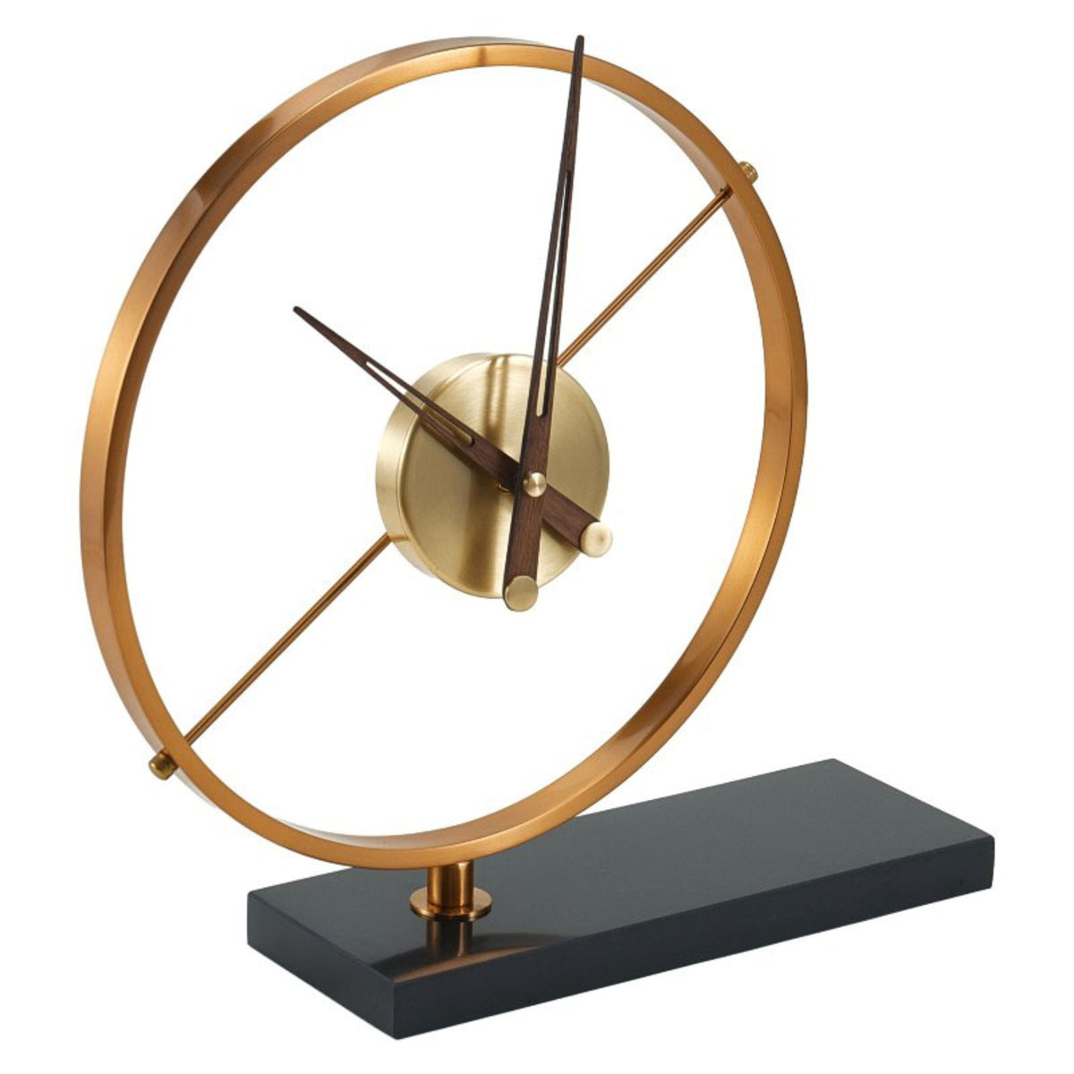 Antique brass iron and marble tabletop clock by Beacon, vintage-style clock with intricate metal and marble details.