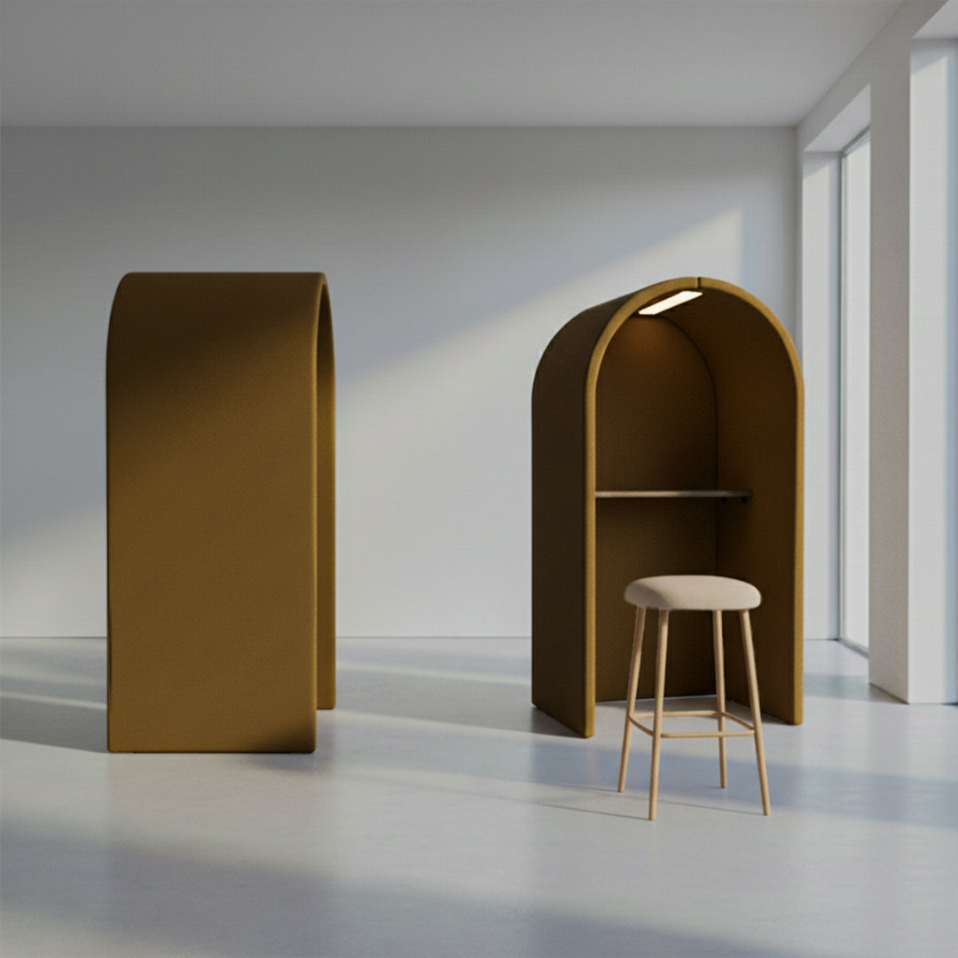 Arcadia Kids Desk and Workstation by BEACON in mustard color, designed as a compact office booth for children.