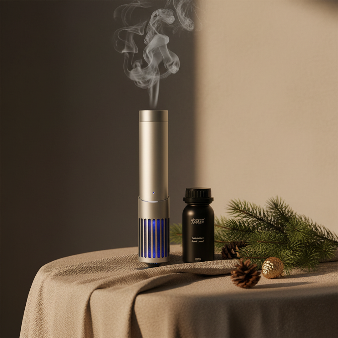 Smart aroma diffuser with built-in speaker by ebarza, featuring elegant design and included oud scent oil for home ambiance.