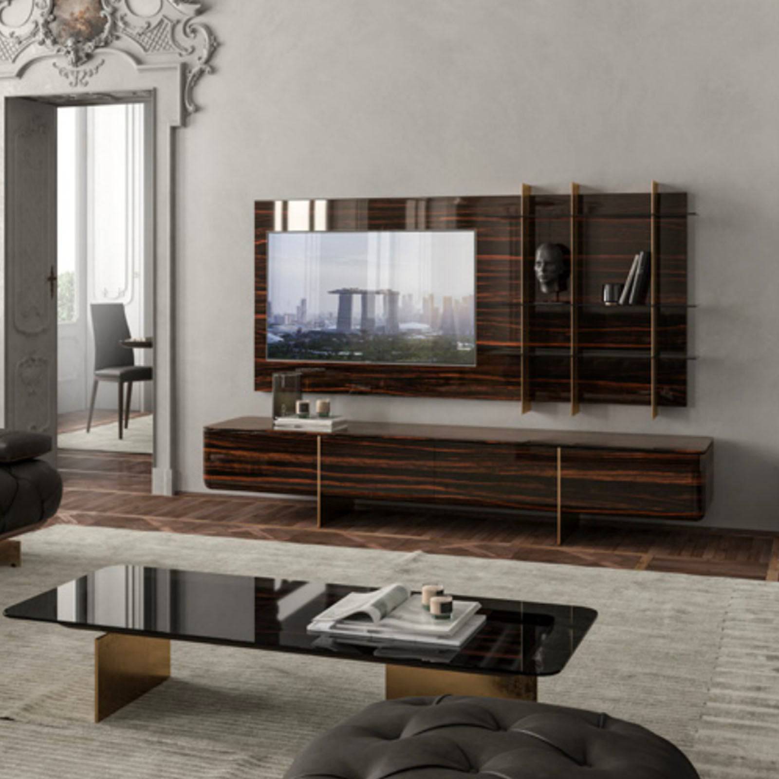 Saloni Arpage TV unit with sleek wooden finish, modern design, and open shelf storage for living room entertainment setup.