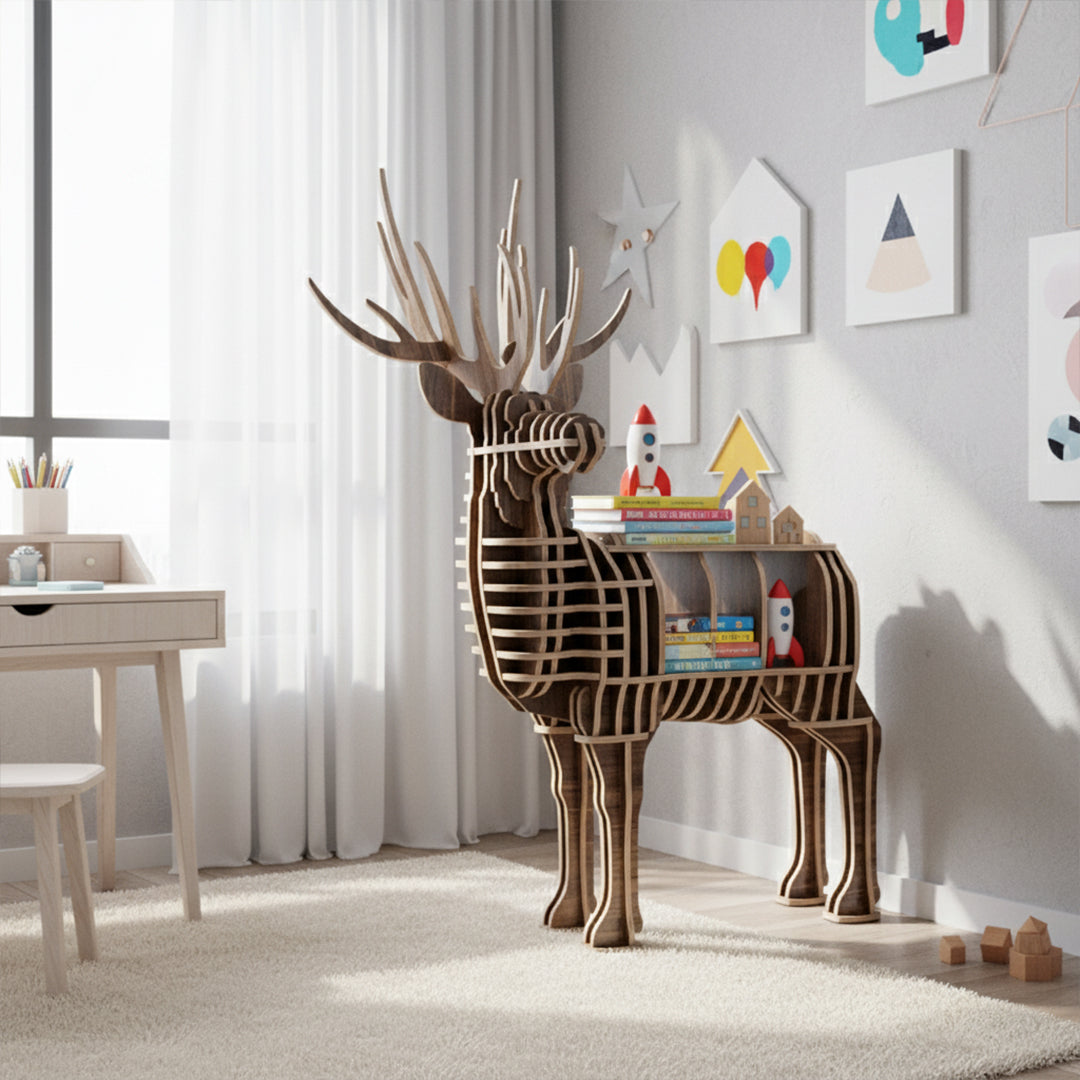 Wooden deer-shaped shelving unit by BEACON, ideal for home decor and storage, featuring crafted wood design.