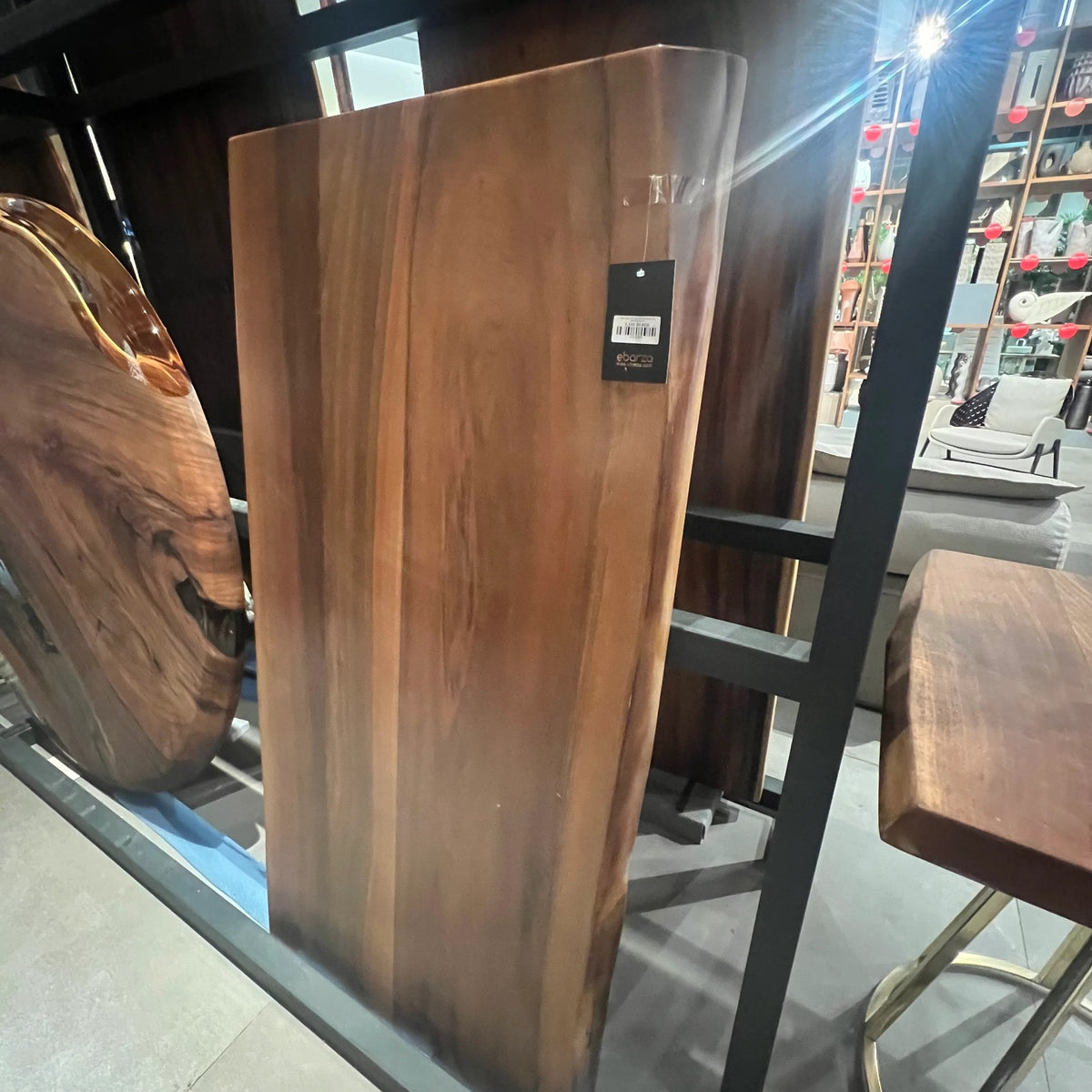 Live edge wooden dining table top by SANCREA, 140x70 cm, showcasing natural wood grain and rustic finish.