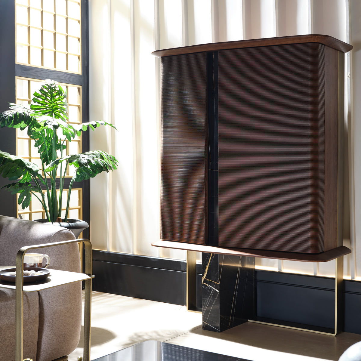 AS IS amber display cabinet by LODA Furniture with glass doors and wooden frame, showcasing vintage-style storage.