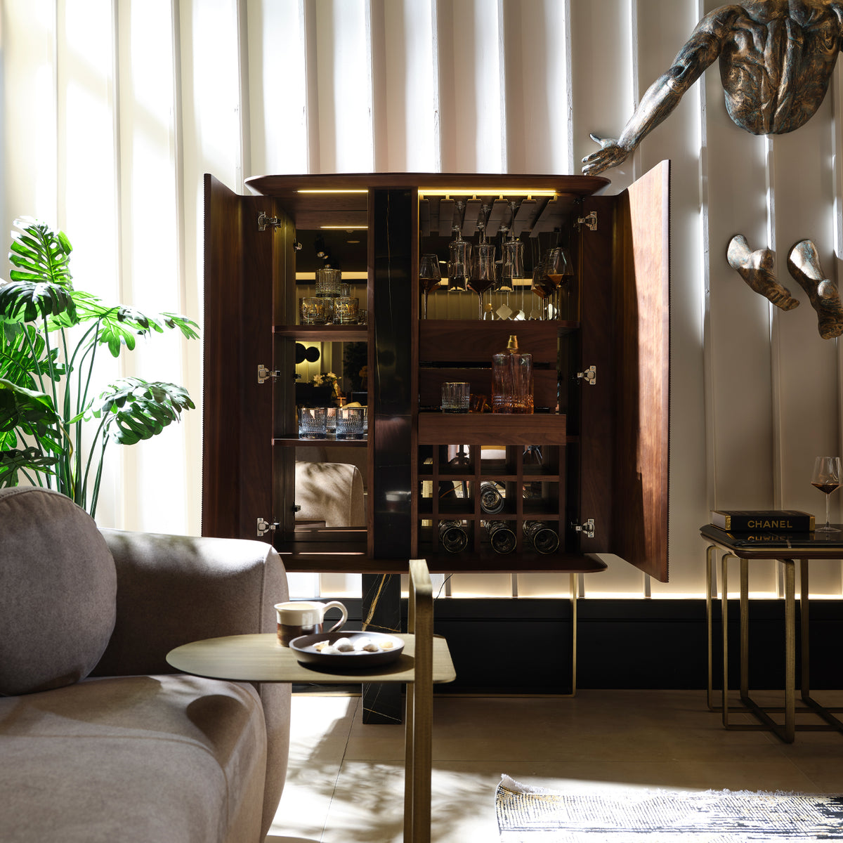 Amber display cabinet or showcase by LODA Furniture with glass doors and wooden frame, showcasing a classic elegant design.