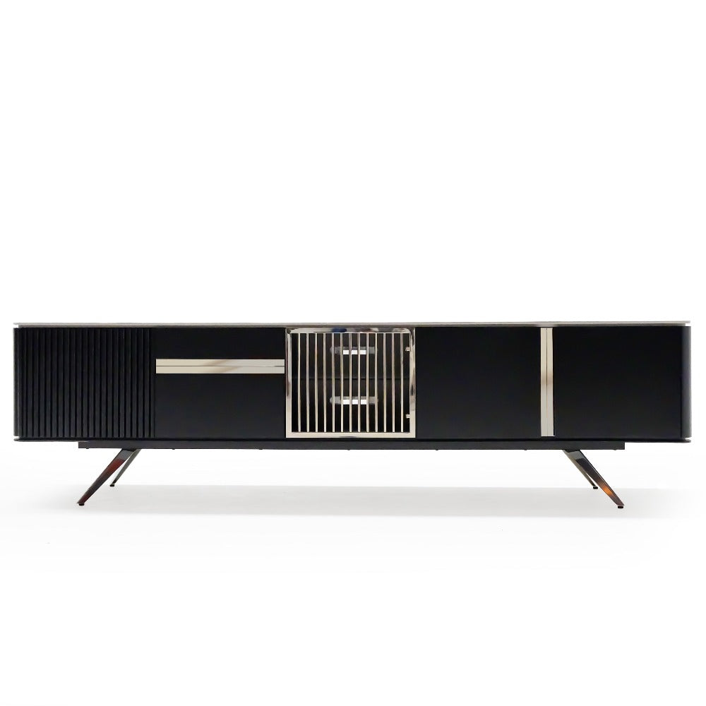 As Is Beretta TV unit by YOL LIVING, display item showing modern wooden design with open shelves and storage compartments.